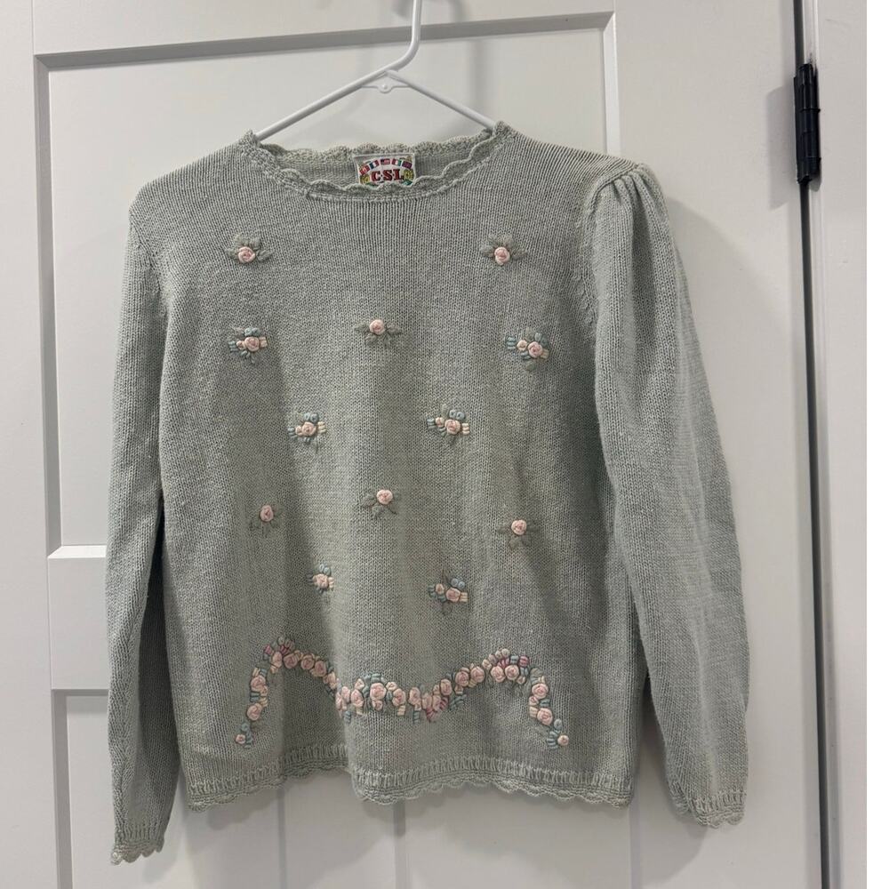 Vintage CSL Pastel Floral Knit Sweater Cottagecore Grandpa Chic Size M